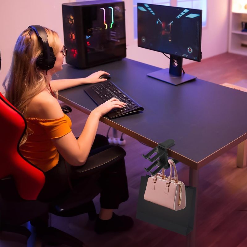 PC Gaming Headphone Stand 3 In 1 Under Desk Clamp Double Hook Split Design - Universal Controller Holder For Gaming Accessories - Image 4