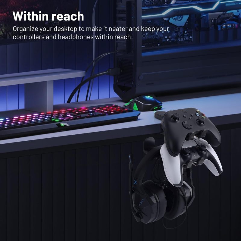 PC Gaming Headphone Stand 3 In 1 Under Desk Clamp Double Hook Split Design - Universal Controller Holder For Gaming Accessories - Image 2