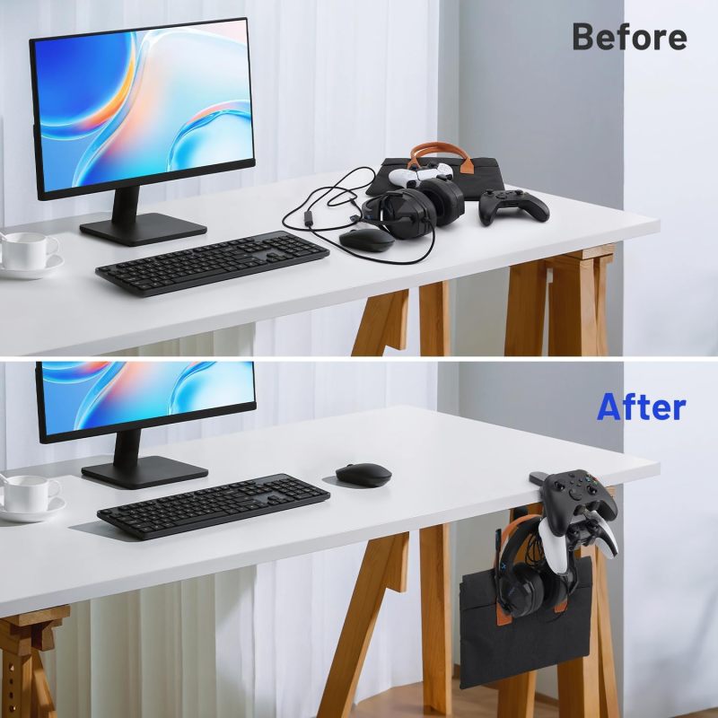 PC Gaming Headphone Stand 3 In 1 Under Desk Clamp Double Hook Split Design - Universal Controller Holder For Gaming Accessories - Image 3