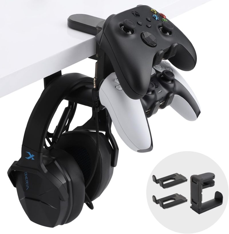 PC Gaming Headphone Stand 3 In 1 Under Desk Clamp Double Hook Split Design - Universal Controller Holder For Gaming Accessories - Image 1
