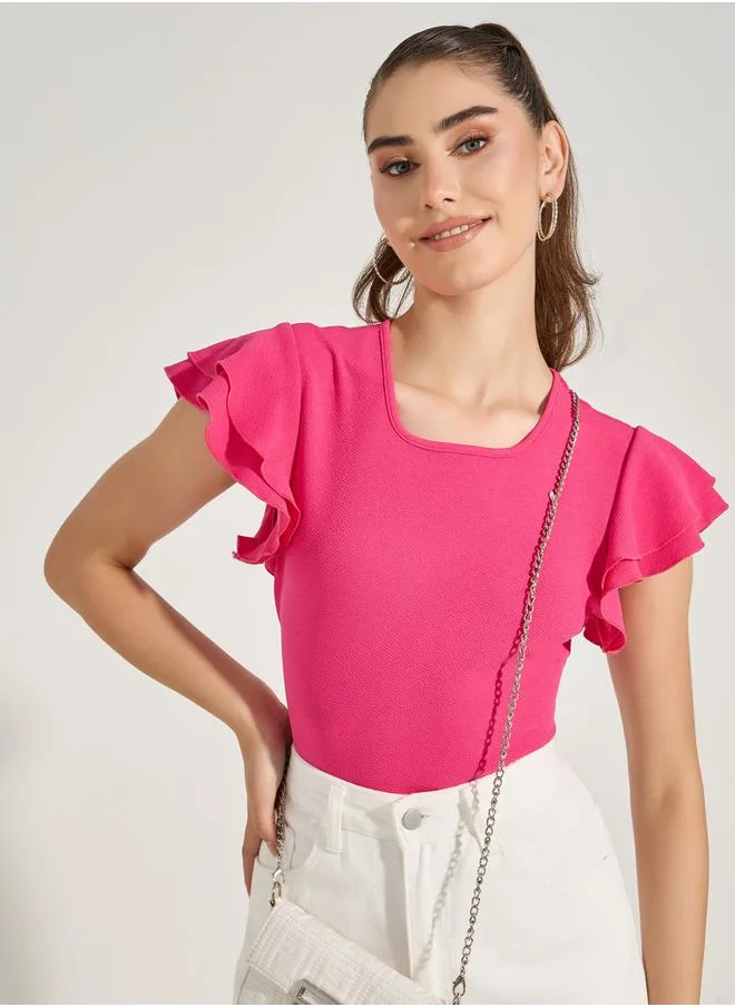 تايك تو Textured Frill Sleeve Fitted Bodysuit