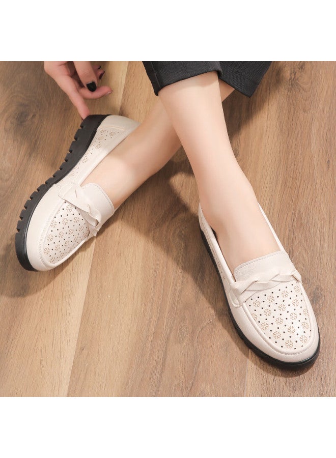 Pull Back Warrior Mom Shoes Middle-aged Sandals Summer Soft Bottom Breathable Middle-aged And Elderly Women's Leather Shoes Single Shoes Comfortable Non-slip 0093 Beige Size 41 - Image 3