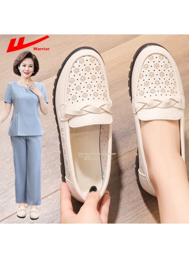 Pull Back Warrior Mom Shoes Middle-aged Sandals Summer Soft Bottom Breathable Middle-aged And Elderly Women's Leather Shoes Single Shoes Comfortable Non-slip 0093 Beige Size 41 - Image 1