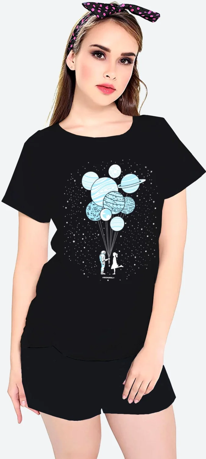 Rock&Roll Balloon Planets Black Short Sleeve Women's Shorts Set