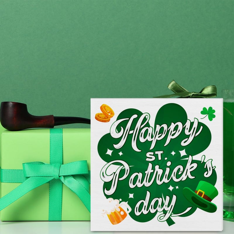 CIANMGD St. Patrick's Day Decorations  Green Shamrock Clover Wooden Block Sign  Happy St. Patrick's Day Decor  St. Patrick's Day Home Decor for Desk Table Shelf  5 X 5 Inches - Image 3