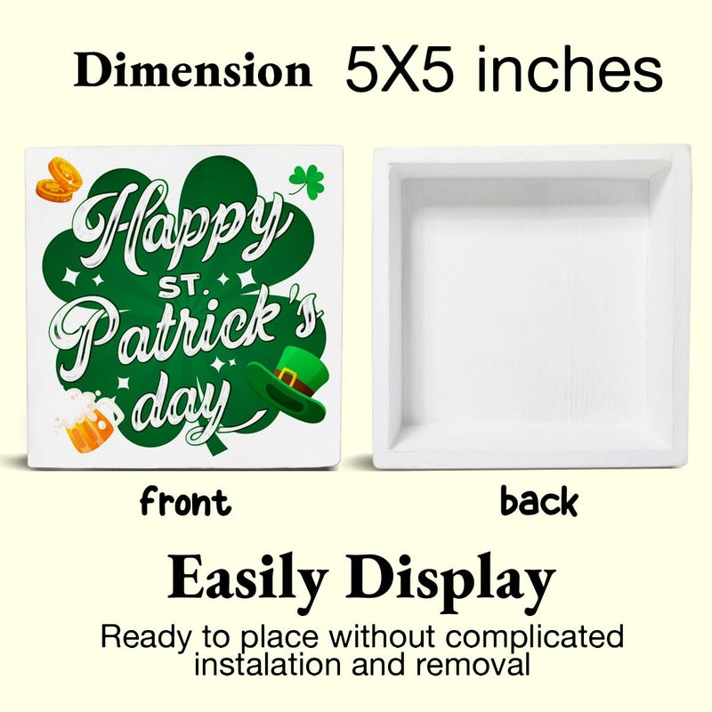 CIANMGD St. Patrick's Day Decorations  Green Shamrock Clover Wooden Block Sign  Happy St. Patrick's Day Decor  St. Patrick's Day Home Decor for Desk Table Shelf  5 X 5 Inches - Image 2