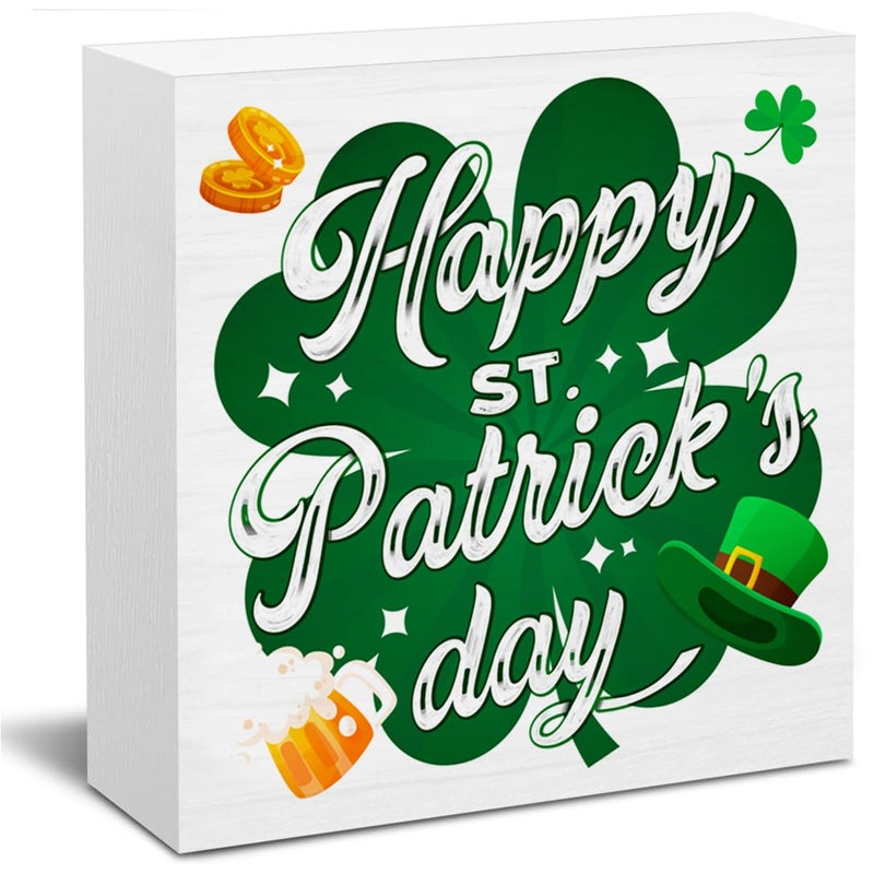 CIANMGD St. Patrick's Day Decorations  Green Shamrock Clover Wooden Block Sign  Happy St. Patrick's Day Decor  St. Patrick's Day Home Decor for Desk Table Shelf  5 X 5 Inches - Image 1