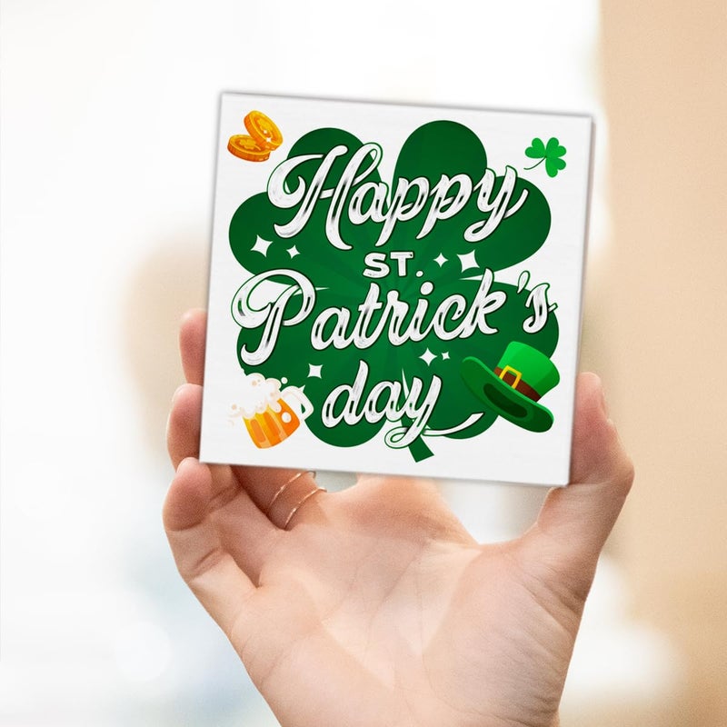 CIANMGD St. Patrick's Day Decorations  Green Shamrock Clover Wooden Block Sign  Happy St. Patrick's Day Decor  St. Patrick's Day Home Decor for Desk Table Shelf  5 X 5 Inches - Image 5