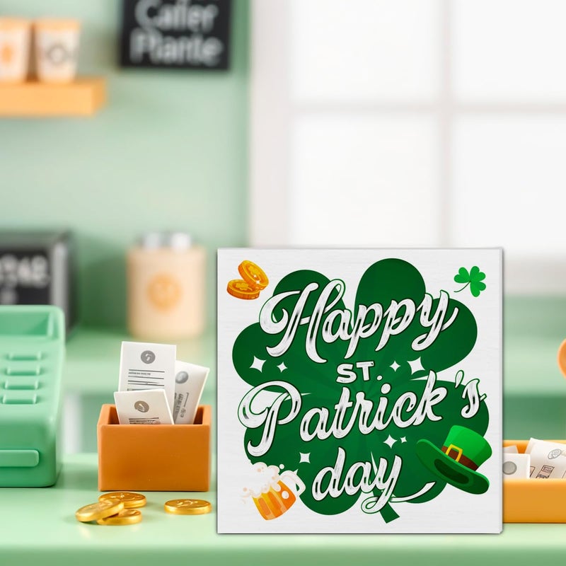 CIANMGD St. Patrick's Day Decorations  Green Shamrock Clover Wooden Block Sign  Happy St. Patrick's Day Decor  St. Patrick's Day Home Decor for Desk Table Shelf  5 X 5 Inches - Image 4