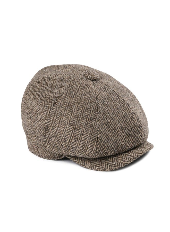 FEINION Men's Wool Newsboy Cap 8 Panel Ivy Tweed Cabbie Flat Hat Baker Boy Cap, Herringbone Khaki, 7 5/8 - Image 1