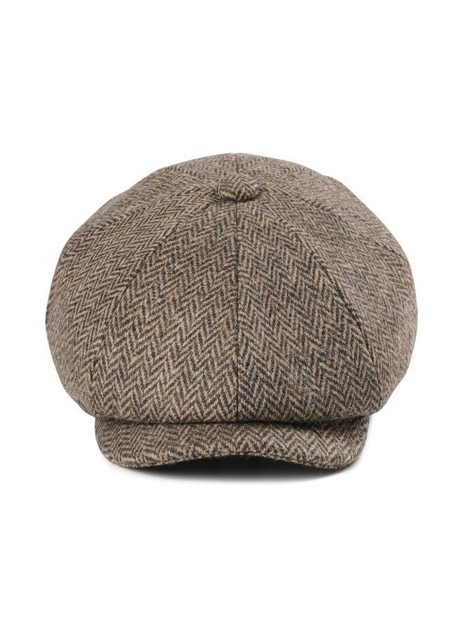 FEINION Men's Wool Newsboy Cap 8 Panel Ivy Tweed Cabbie Flat Hat Baker Boy Cap, Herringbone Khaki, 7 5/8 - Image 2