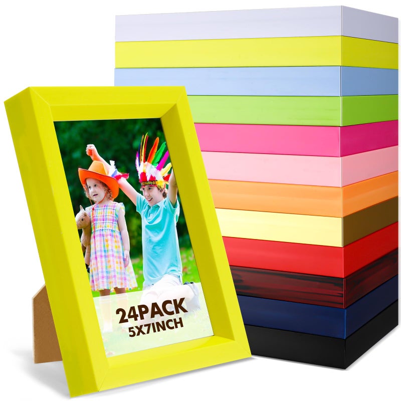 Leinuosen 24 Pcs Colorful Picture Frame Modern Rainbow Photo Frame Multi Colored Small Wall and Tabletop Picture Frames for Wedding Home Office Horizontal Vertical Display, 12 Colors (5 x 7 Inch) - Image 1