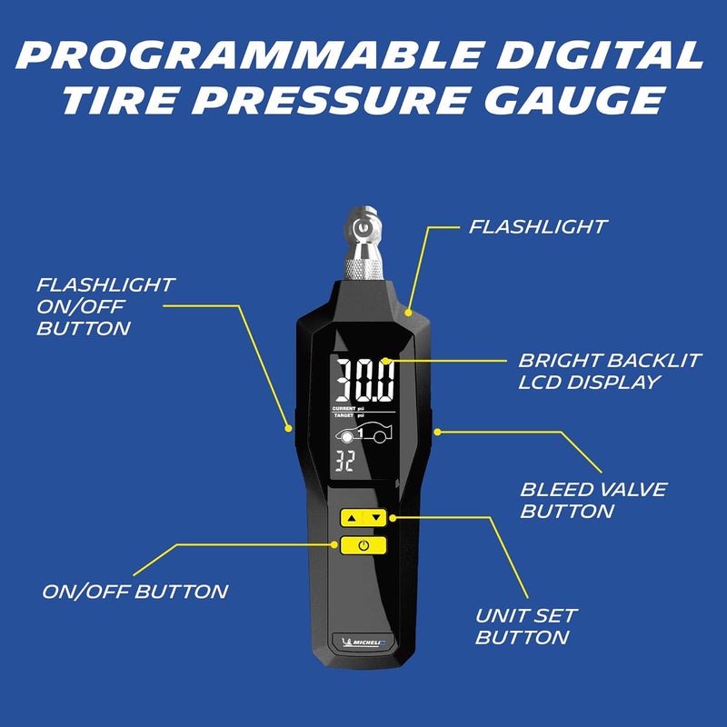 Michelin 12294 Programmable Digital Tire Pressure Gauge 5-99 PSI | Portable Air Pressure Monitor | Accurate Readings | Built-In Flashlight | Backlit LCD | Bleed Valve Adjustment | Easy-to-Use, Black - Image 1