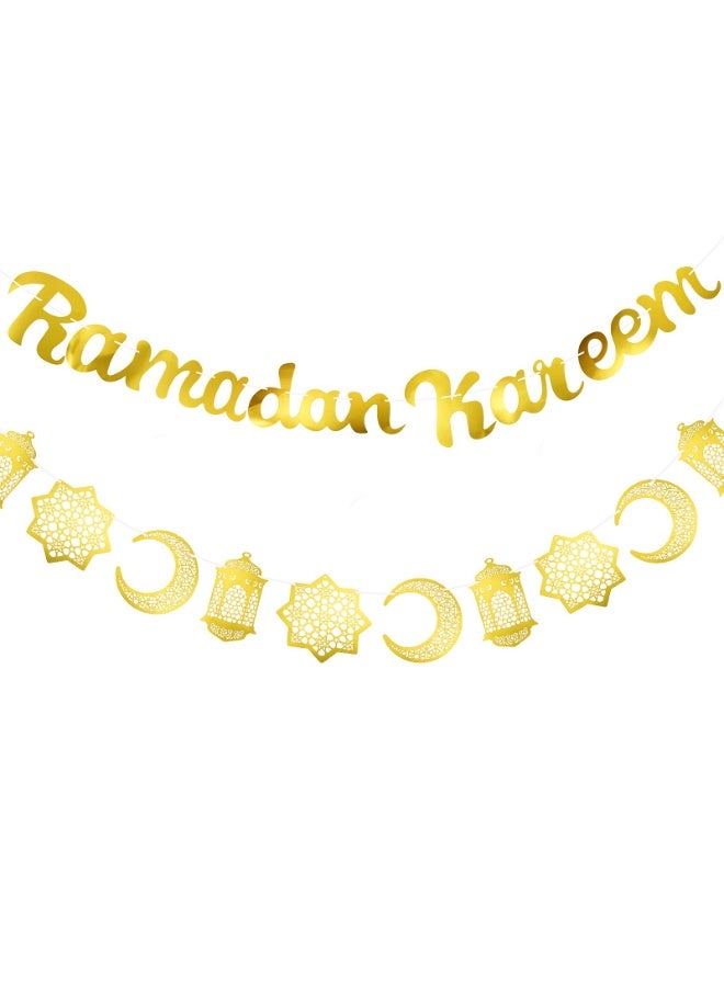 Chielor 2 Pieces Ramadan Kareem Banner Gold Glittery Banner Decorations and Moon Stars Lantern Garland Party Decorative Eid Festival Hanging Garlands for Home Party Supplies Ramadan - Image 1