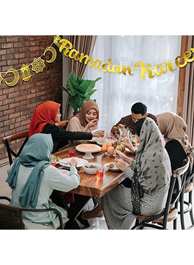 Chielor 2 Pieces Ramadan Kareem Banner Gold Glittery Banner Decorations and Moon Stars Lantern Garland Party Decorative Eid Festival Hanging Garlands for Home Party Supplies Ramadan - Image 4