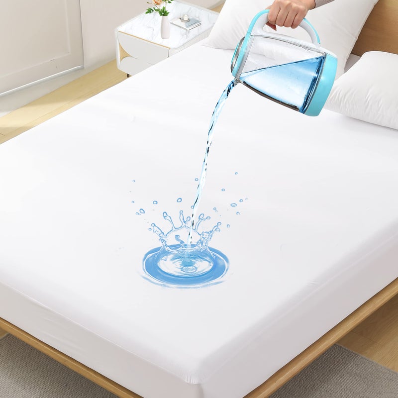 California King Waterproof Mattress Protector Noiseless Breathable Machine Washable Fitted Mattress Cover with Deep Pocket up to 521White