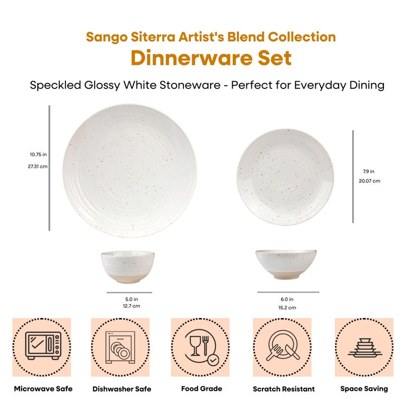 Sango Siterra 16-Piece Rustic White Stoneware Dinnerware Set â€“ Service for 4, White with Glossy Speckle Overlay, for Everyday Dining & Entertainment, Microwave & Dishwasher Safe - Image 2