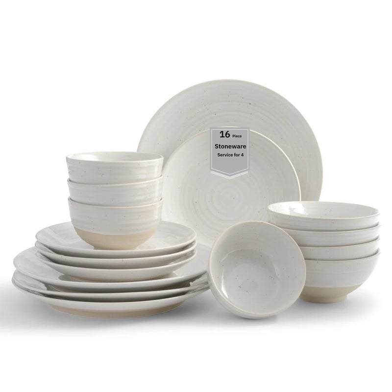 Sango Siterra 16-Piece Rustic White Stoneware Dinnerware Set â€“ Service for 4, White with Glossy Speckle Overlay, for Everyday Dining & Entertainment, Microwave & Dishwasher Safe - Image 1
