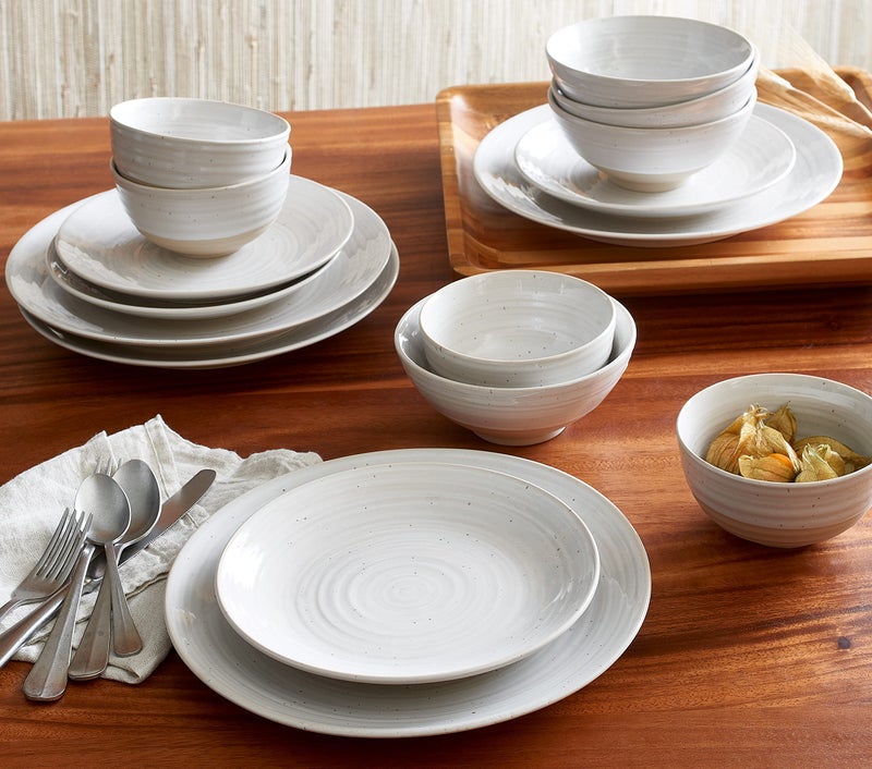 Sango Siterra 16-Piece Rustic White Stoneware Dinnerware Set â€“ Service for 4, White with Glossy Speckle Overlay, for Everyday Dining & Entertainment, Microwave & Dishwasher Safe - Image 4