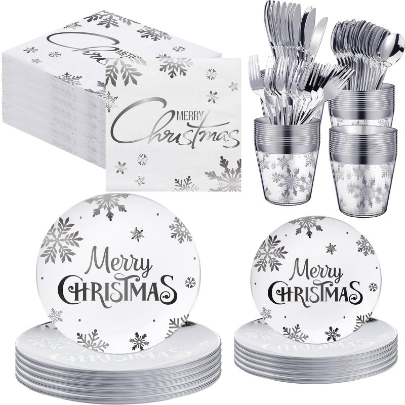 Sliner 230 Pcs Christmas Disposable Plastic Plates Set 7 and 9 Silver Plates Snowflake Plastic Plate with Paper Napkins Knives Forks Spoons Cups for Holiday Xmas Dinnerware Decorations Tableware Set