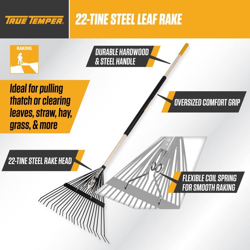 True Temper Steel Tine Leaf Rake with Hardwood/Steel Handle for Lawns, Gardening, and Dethatching, 22 Tines, Black - Image 2