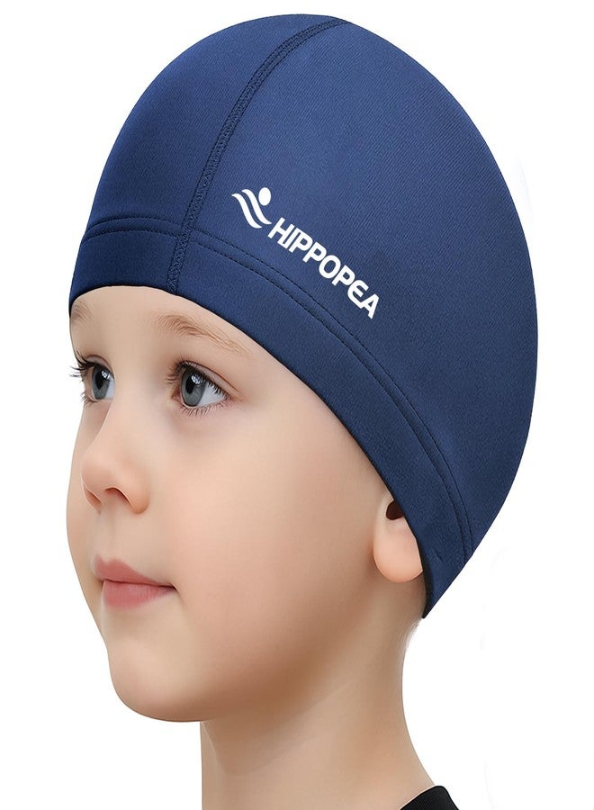 HIPPOPEA Breathable Soft Fabric Swim Cap, High Elasticity Comfort Fit, Lightweight Water-Resistant Stretch Swimming Cap for Adults, Fits Long Hair & Short Hair for Women Men Boy Girl (Boy - Deep Blue) - Image 1