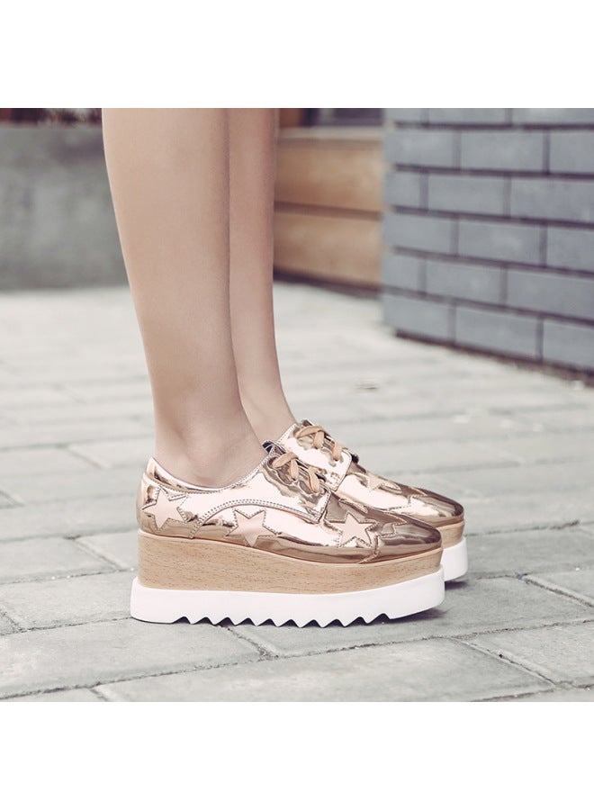 Korean Style  New Lace-up Wedge Platform Shoes Star Design Square Toe High-heeled Single Shoes For Women Height-increasing European Style