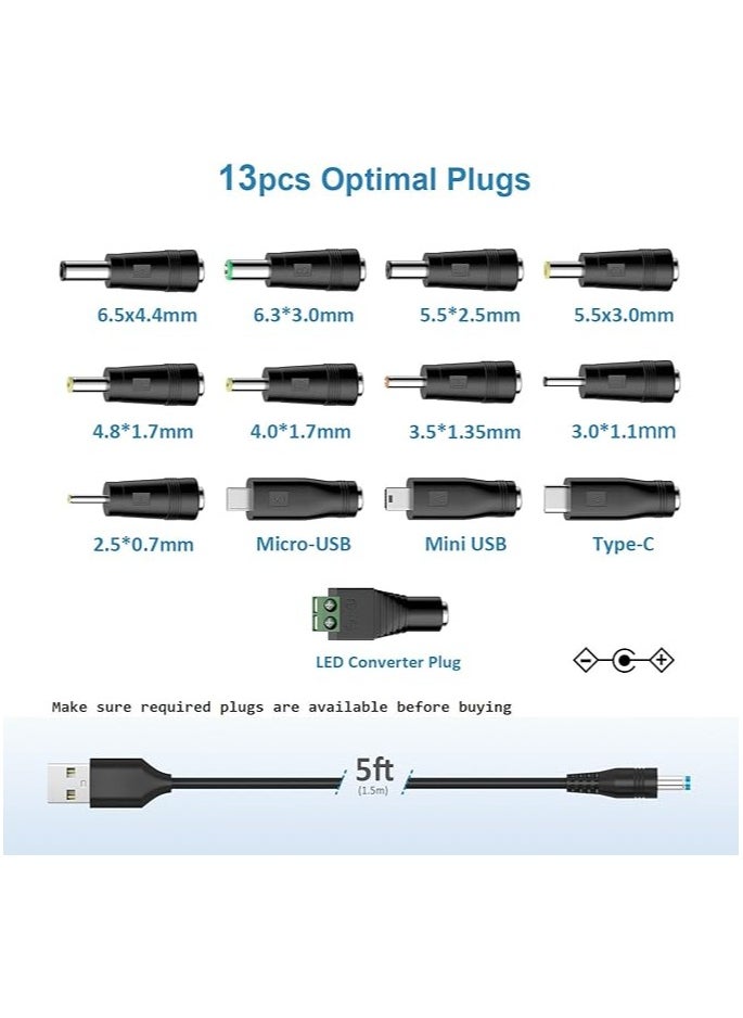 erorex - 5V Universal DC Power Cable, USB to DC Charging Cord with 13pcs Adapter Plugs for Webcam Router, Power Bank, Toy, Recorder, Bluetooth Speaker, Scanner, DVR, Hard Disk Box, USB-HUB etc. - Image 1
