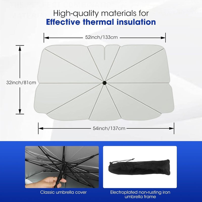 MQUPIN 145x79cm Windshield Sun Shade, 10-Rib Titanium Silver UV Heat Block Car Sunshade with Ergonomic Handle & Storage Holster, Foldable Interior Protection Sun Shield for Sedan SUV Truck Van - Image 4