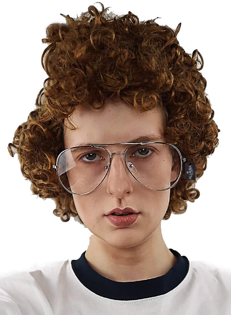 ALLAURA Compatible with Napoleon Dynamite Wig Pedro Costume Set with Glasses Brown Afro Nerd Hair for Adults Funny 80s Halloween Outfit Retro Cosplay MovieInspired Party or Couples Costume