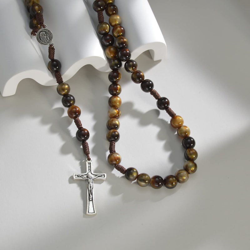 SALOMOCA Catholic Rosary Brown Blue Acrylic Pearl Beads Rosarys Catholic Necklace Rosary Beads with Stainless Steel Medal and Crucifix Cross First Communion Gifts for Women - Image 4
