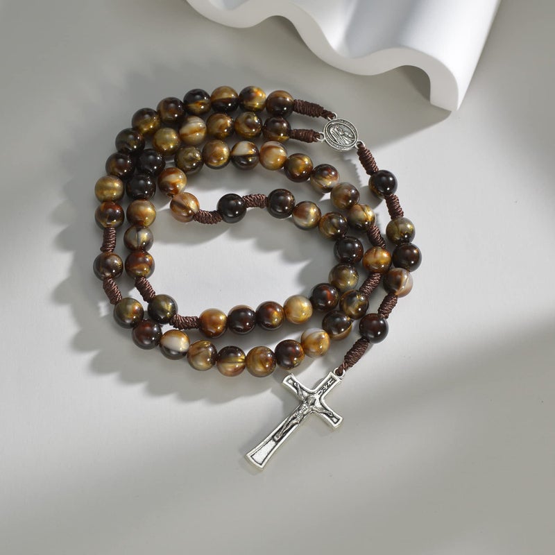 SALOMOCA Catholic Rosary Brown Blue Acrylic Pearl Beads Rosarys Catholic Necklace Rosary Beads with Stainless Steel Medal and Crucifix Cross First Communion Gifts for Women - Image 3