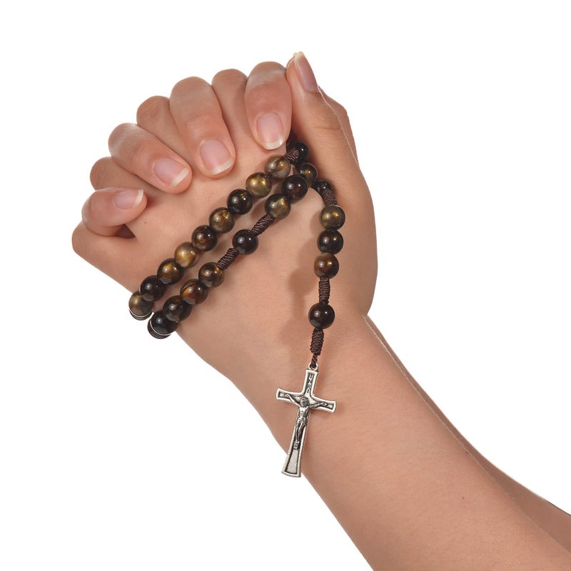 SALOMOCA Catholic Rosary Brown Blue Acrylic Pearl Beads Rosarys Catholic Necklace Rosary Beads with Stainless Steel Medal and Crucifix Cross First Communion Gifts for Women - Image 5