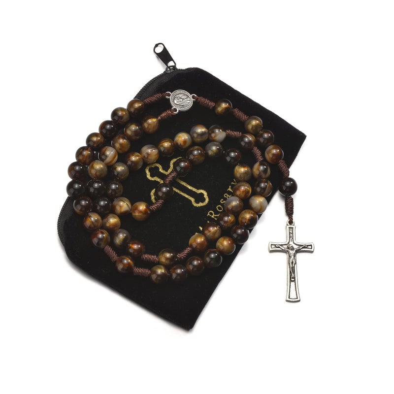 SALOMOCA Catholic Rosary Brown Blue Acrylic Pearl Beads Rosarys Catholic Necklace Rosary Beads with Stainless Steel Medal and Crucifix Cross First Communion Gifts for Women - Image 1