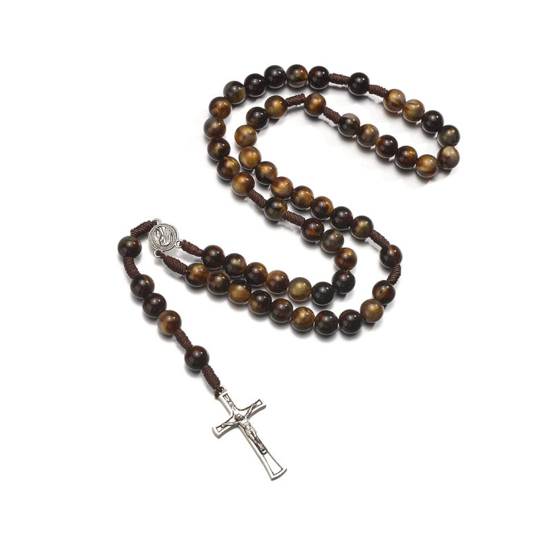 SALOMOCA Catholic Rosary Brown Blue Acrylic Pearl Beads Rosarys Catholic Necklace Rosary Beads with Stainless Steel Medal and Crucifix Cross First Communion Gifts for Women - Image 2