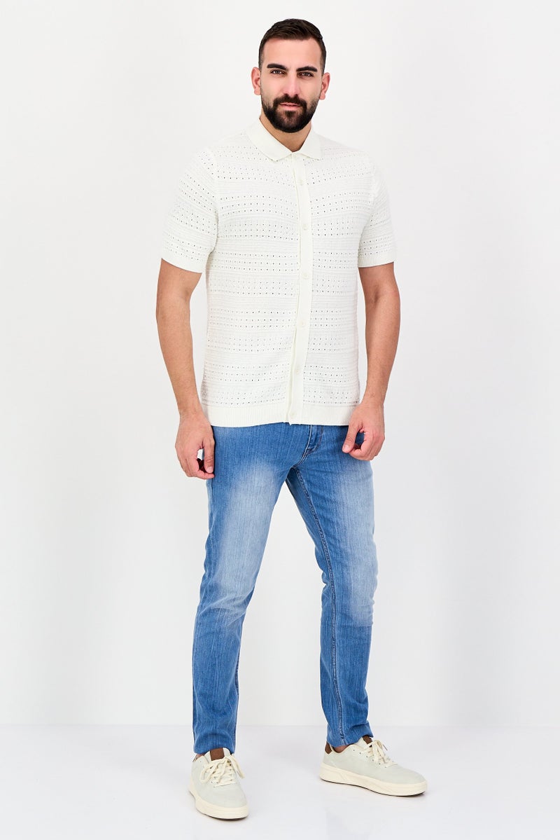 Threadbare Men Spread Collar Knitted Short Sleeve Polo Shirt, Off White - Image 4
