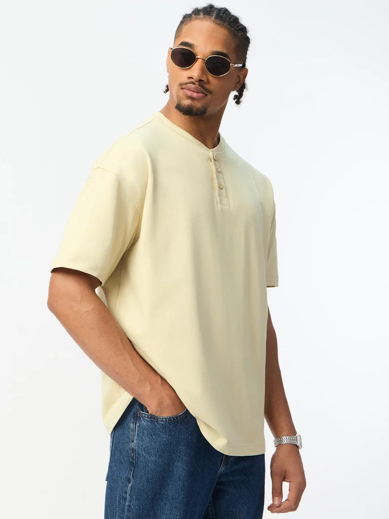 The Souled Store New Basics: Latte Men and Boys Short Sleeve Spread Collar Latte Cream Solid Textured Cotton Oversized Fit Lightweight Everyday All-Season Polo Shirts
