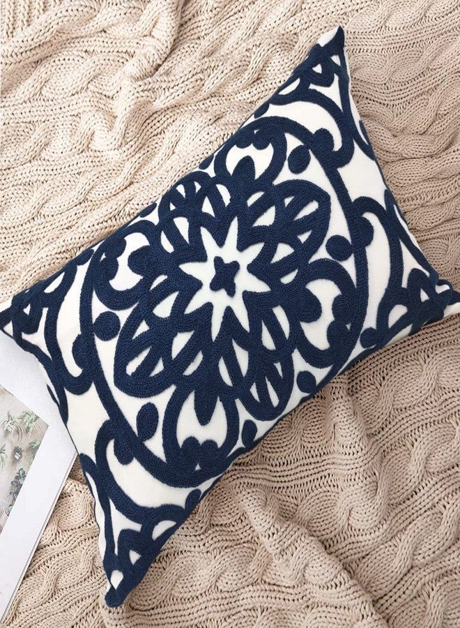 Alysheer Embroidered Lumbar Decorative Throw Pillow Cover 12"x 20", Classic Boho Mandala Embroidery Pattern Cotton Rectangular Cushion Case for Sofa Couch Living Room Bedroom(Navy Blue) - Image 4
