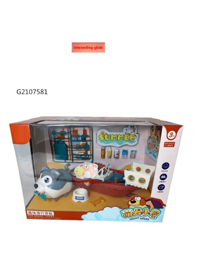 Children's Fun Cartoon Electric Voice-controlled Pet Kitchen Tableware Suit Gift Box Play House Toys Wholesale-Color:G2107581 Fun Sliding Yacht Can Spray Water  - Image 1