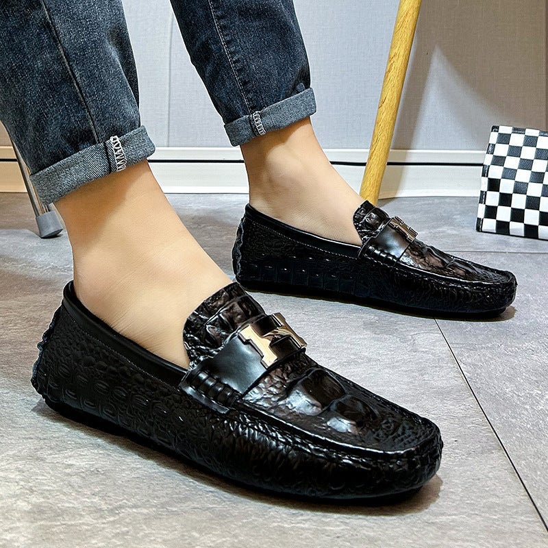 Crocodile Pattern Loafers Genuine Leather 2023 Spring New Men'S Soft-Soled Slip-On British Style Lightweight Black Casual Shoes - Image 1