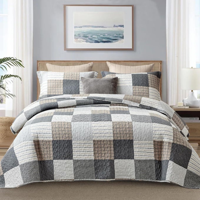 QUILT SET QUEEN SIZE 100 COTTON QUEEN COMFORTER SET PLAID QUILTED BEDSPREAD FARMHOUSE COUNTRY BED SPREAD LIGHTWEIGHT REVERSIBLE QUILT BEDDING SET ALLSEASON GRAYBROWNBLACKWHITE 3PCS