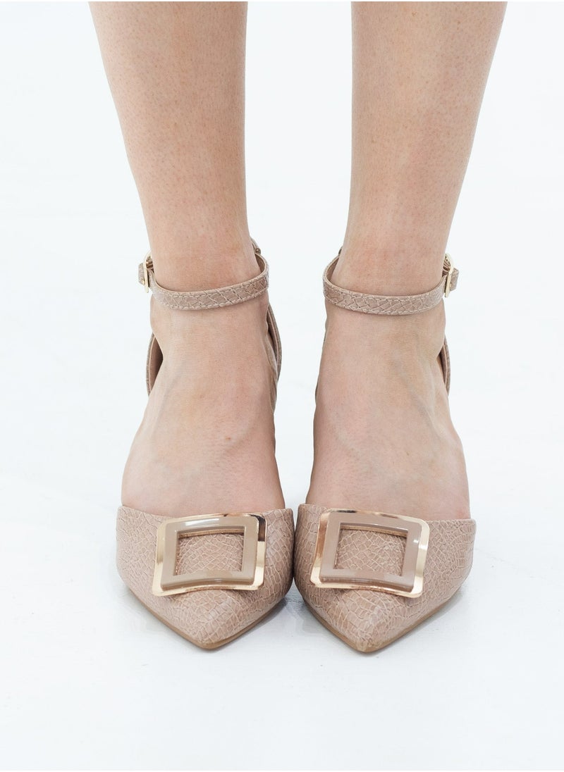 LAMARAPARIS - Chakrika snake skin open waist pointy with sqr trim on 8cm heel beige - Image 1