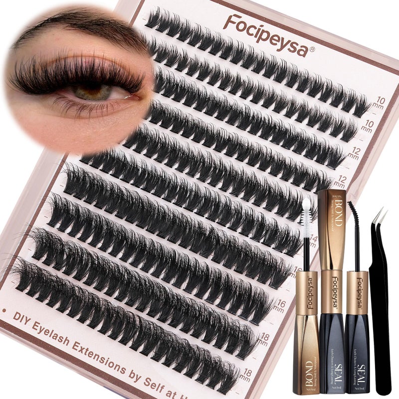 Focipeysa Volume Lash Clusters Kit D Curl Lashes Extensions Thick Volume Eyelash Clusters DIY Eyelash Extension with Lash Glue Lash Bond and Seal 10-16mm Fluffy Cluster Eyelash Extension DIY Lashes - Image 1