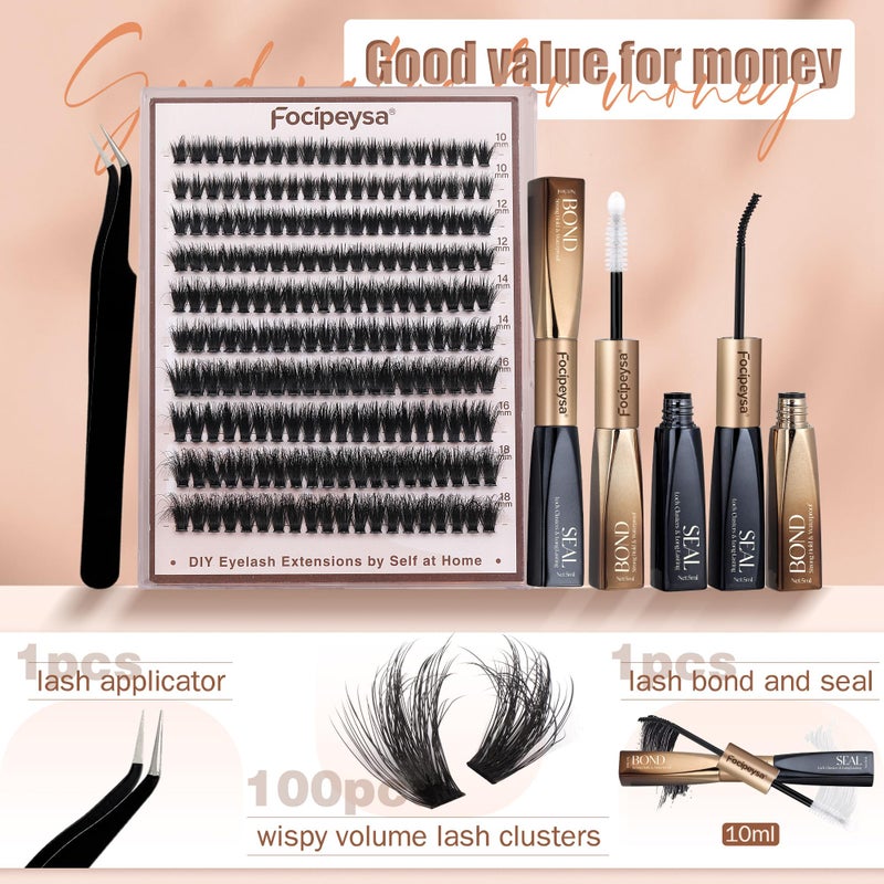 Focipeysa Volume Lash Clusters Kit D Curl Lashes Extensions Thick Volume Eyelash Clusters DIY Eyelash Extension with Lash Glue Lash Bond and Seal 10-16mm Fluffy Cluster Eyelash Extension DIY Lashes - Image 3