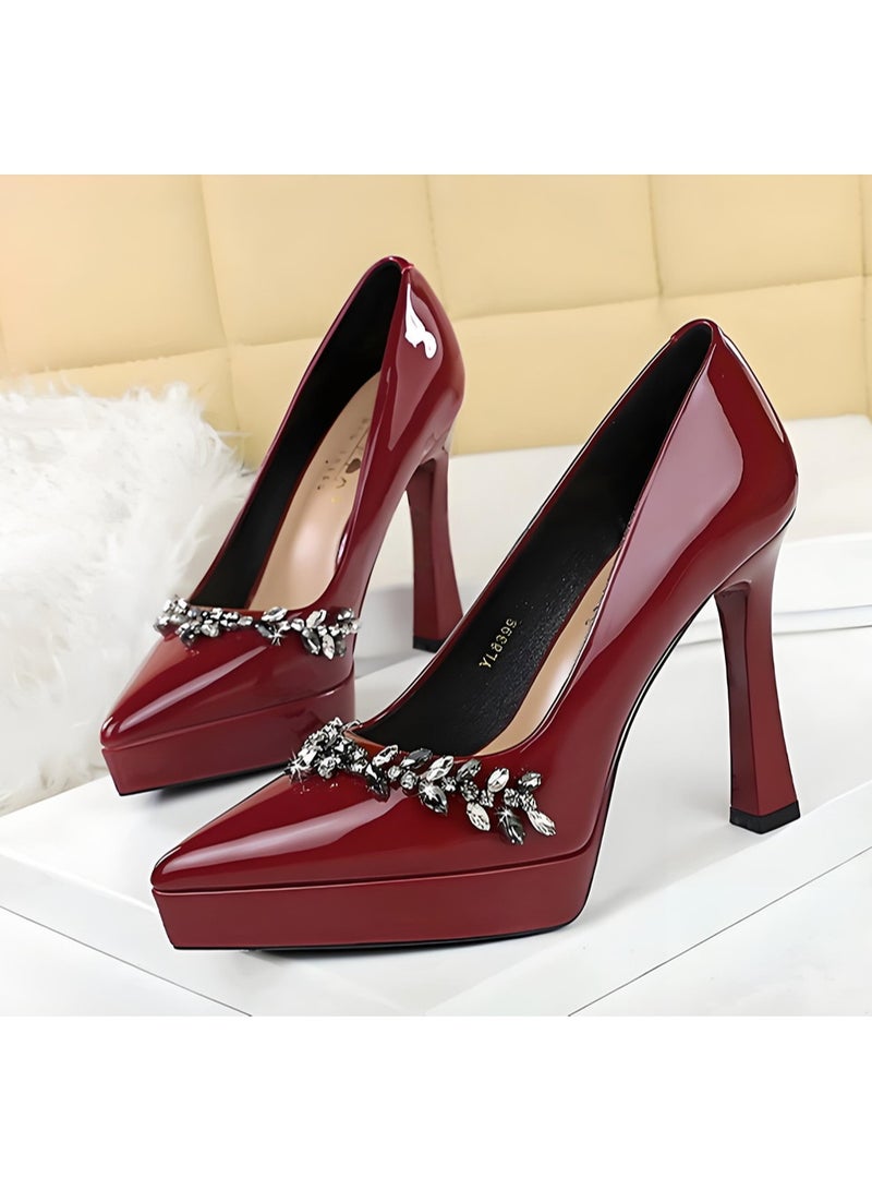 بيج تري النساء الراينستون مغلقة أشارت إصبع القدم عالية الكعب مضخات الكعب سميكة مع منصة النبيذ الأحمر 12CM - Image 1