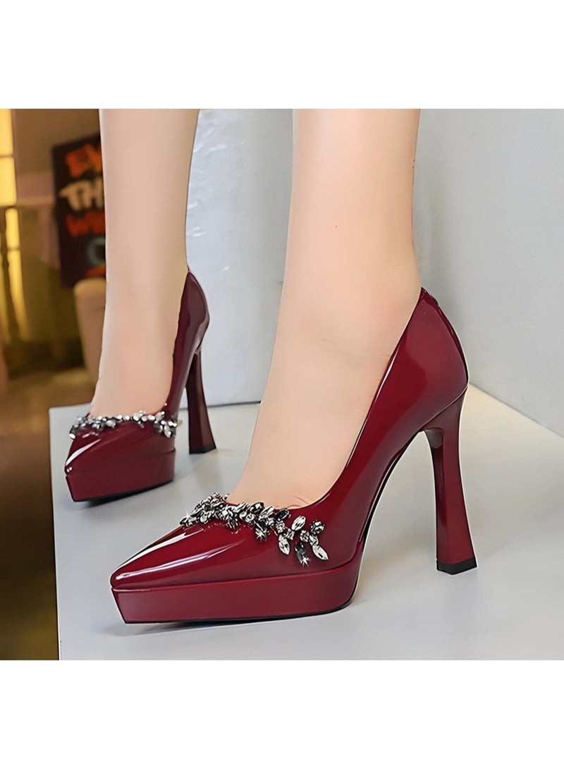 بيج تري النساء الراينستون مغلقة أشارت إصبع القدم عالية الكعب مضخات الكعب سميكة مع منصة النبيذ الأحمر 12CM - Image 3