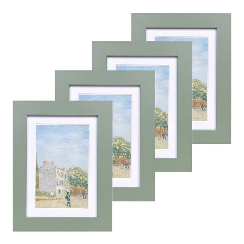 Muzilife 5x7 Wood Picture Frame Flat Set of 4 Display Pictures 4x6 with Mat or 5x7 Without Mat  Green - Image 1