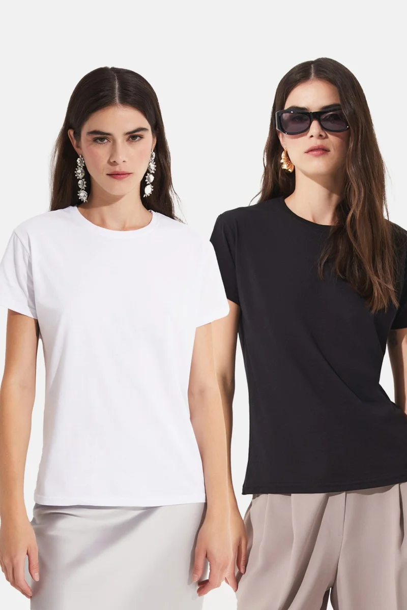 جون Black - White 2 Pack 100% Cotton Basic Women's T-Shirt
