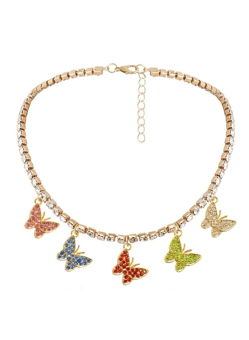 Goolsky Hip Hop Geometric Rhinestone Butterfly Necklace – Y2K Layered Tassel Choker, Sparkling Street Style Statement Jewelry