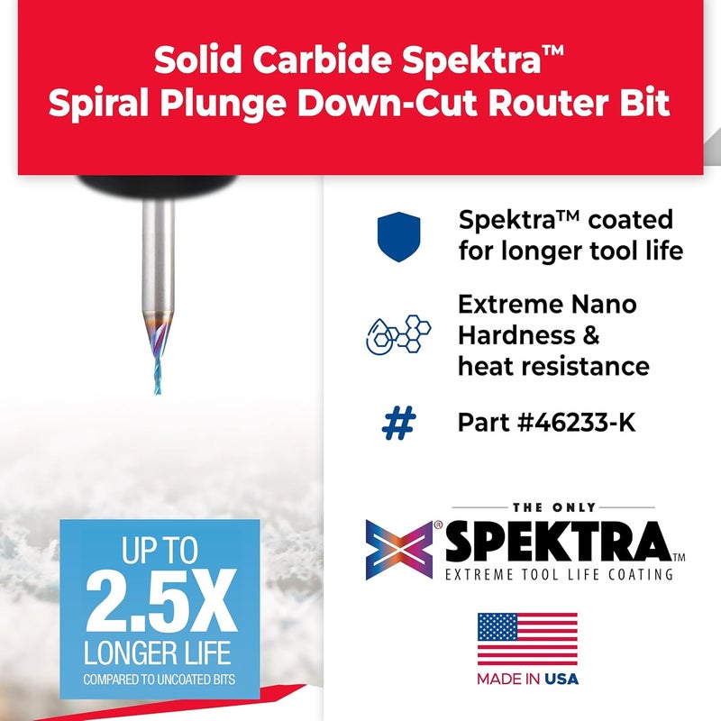 Amana Tool Solid Carbide Spektra Extreme Tool Life Spiral Plunge Router Bit Down-Cut, 46213-K, 1/16 Dia x 1/4 CH x 1/8 Shank 2 Inch L - Image 2